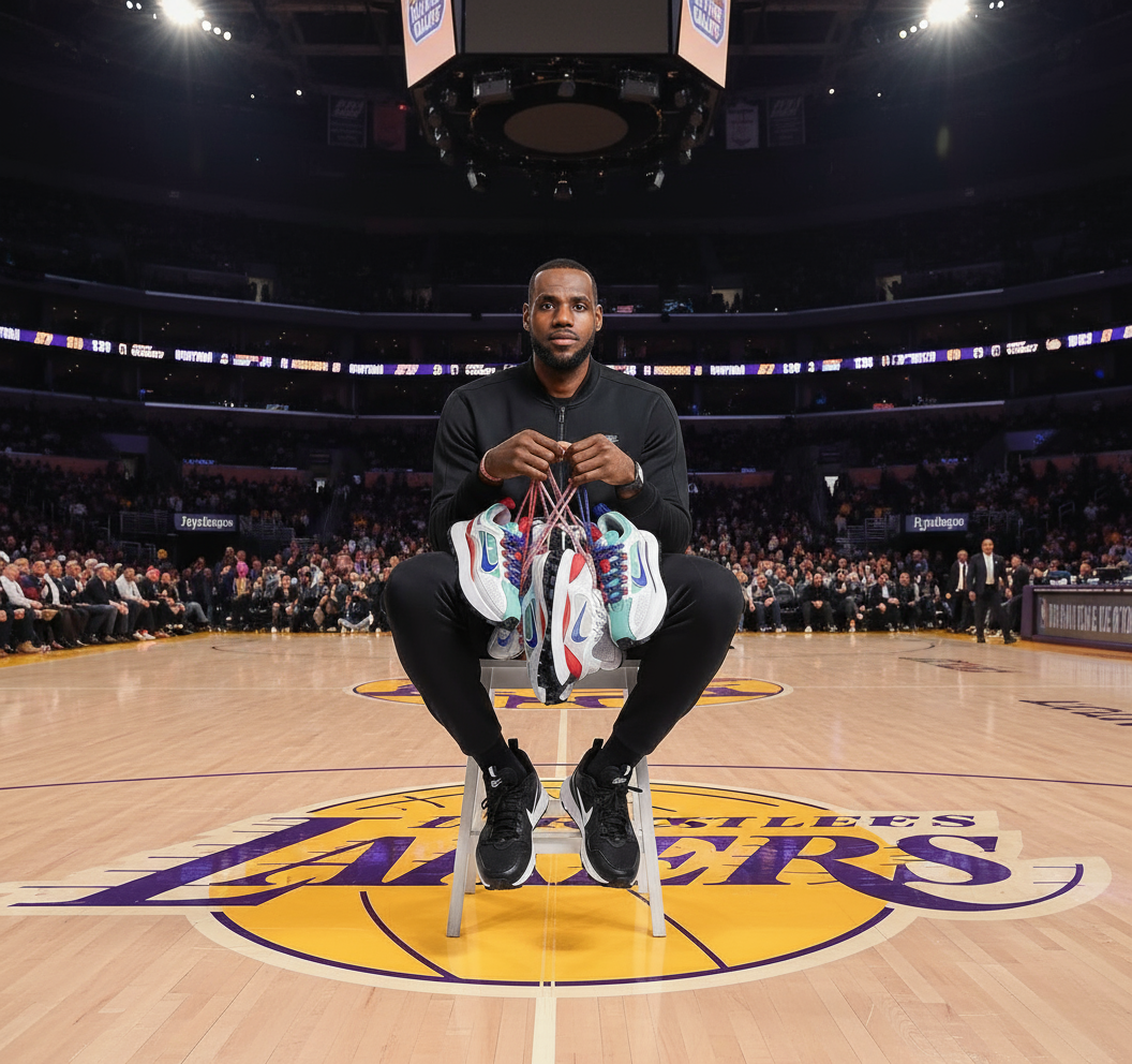 Bannière Nike Baillelli avec LeBron James sur terrain Lakers